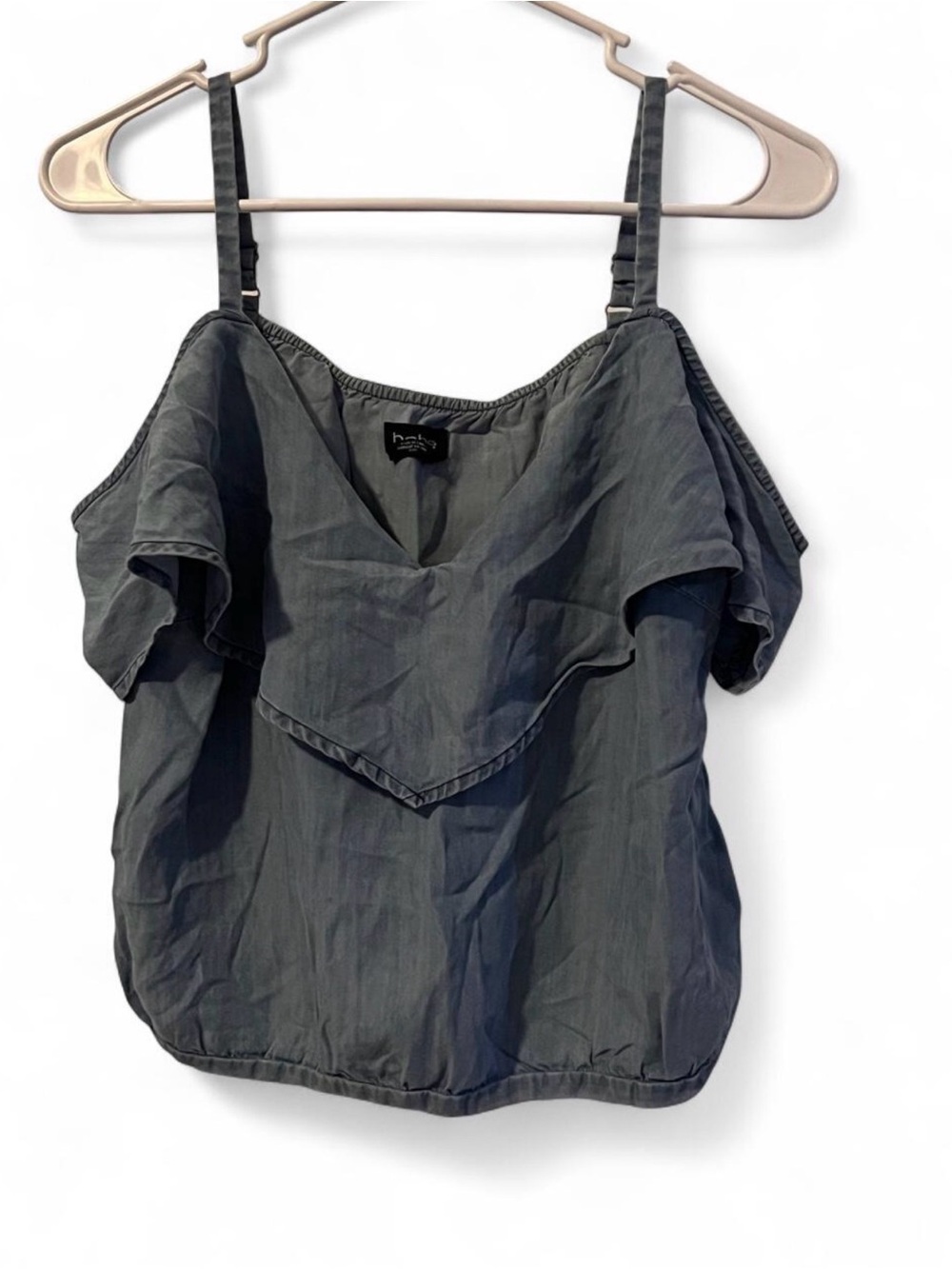 Bebe Chambray Cold Shoulder Ruffle Top Medium
